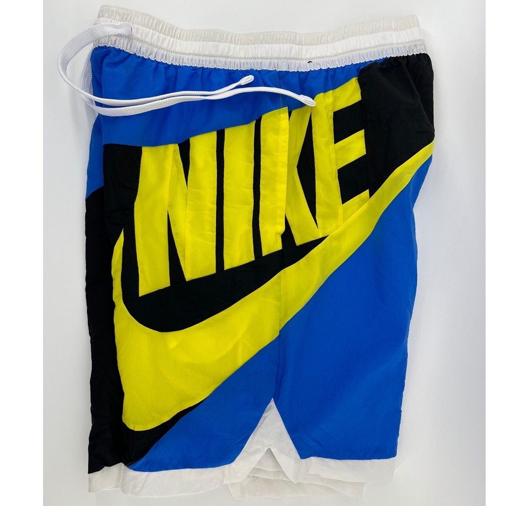 Nike Swim Trunks Mens Large Blue Black Yellow Big Logo Mesh Lined Shorts